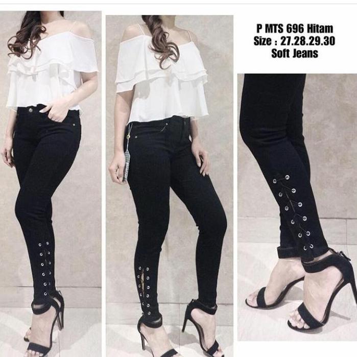 JHF - jeans wanita hitam fashion - tali samping