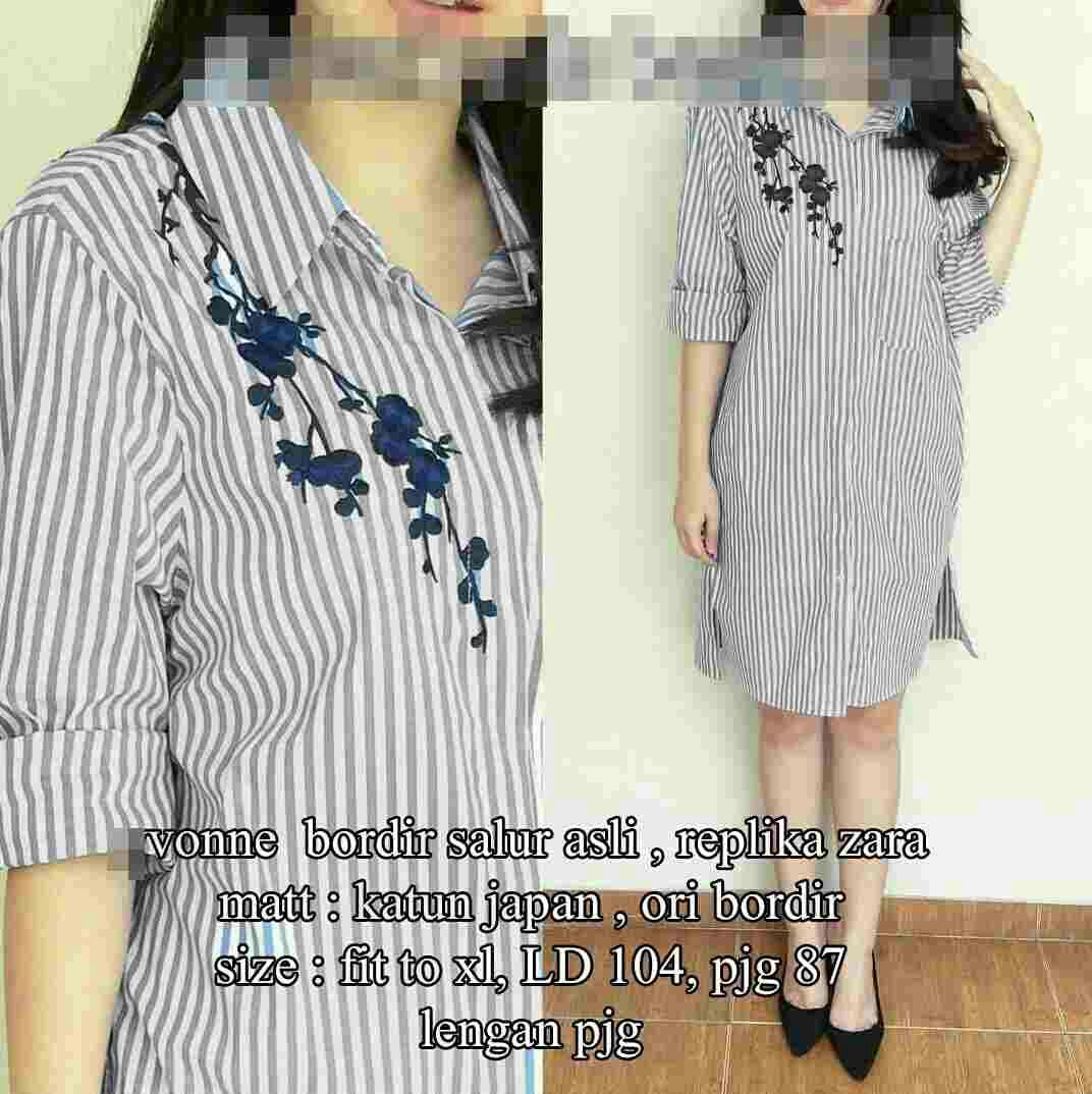 J&C Dress Wanita Vonie Bordir / Dress Cewek / Kemeja Panjang / Kemeja Bordir / Kemeja Garis / Kemeja Dress / Dress Kemeja