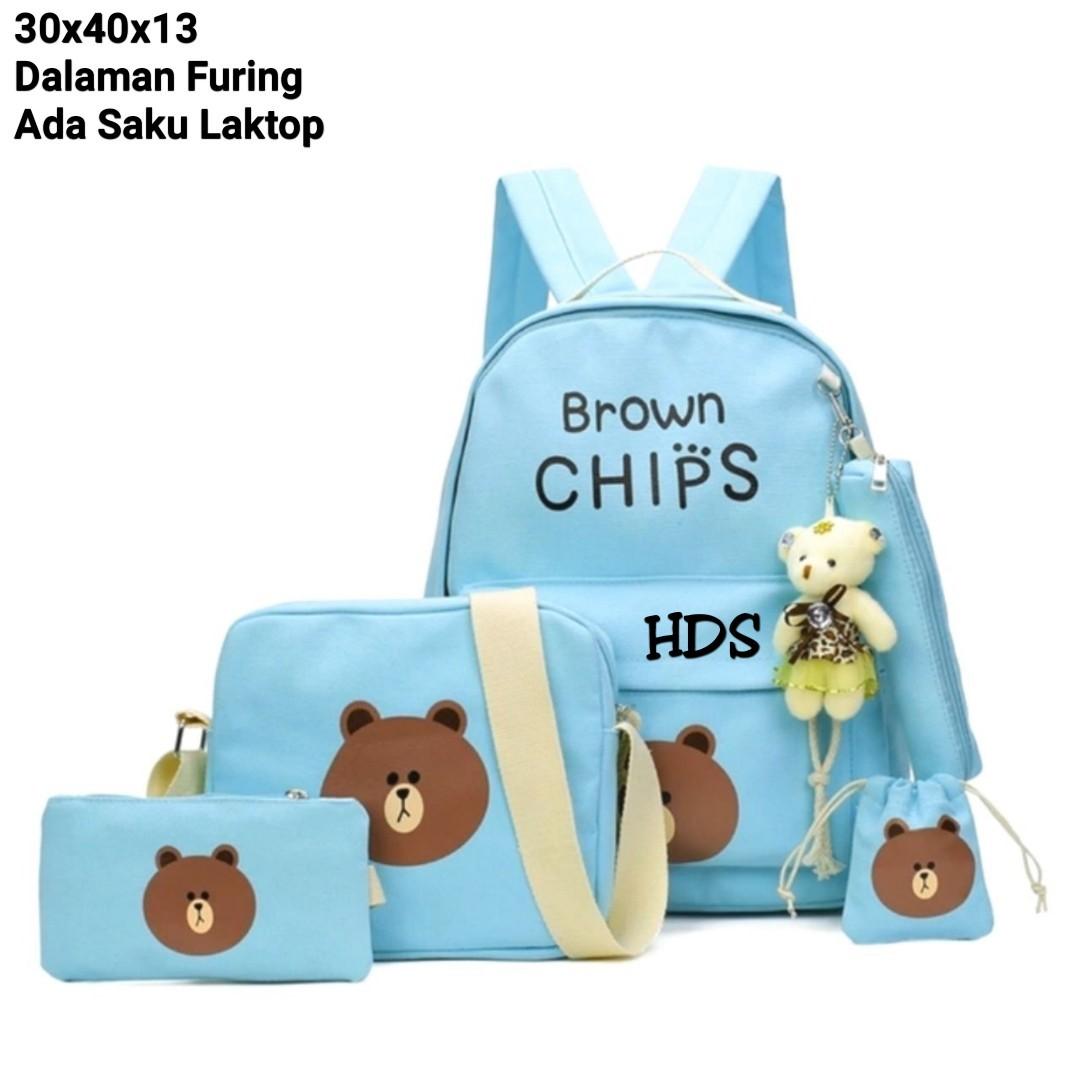 TAS RANSEL SET 4 IN 1 / BACKPACK SEKOLAH / TAS BERANAK MOTIF BROWN CHIP