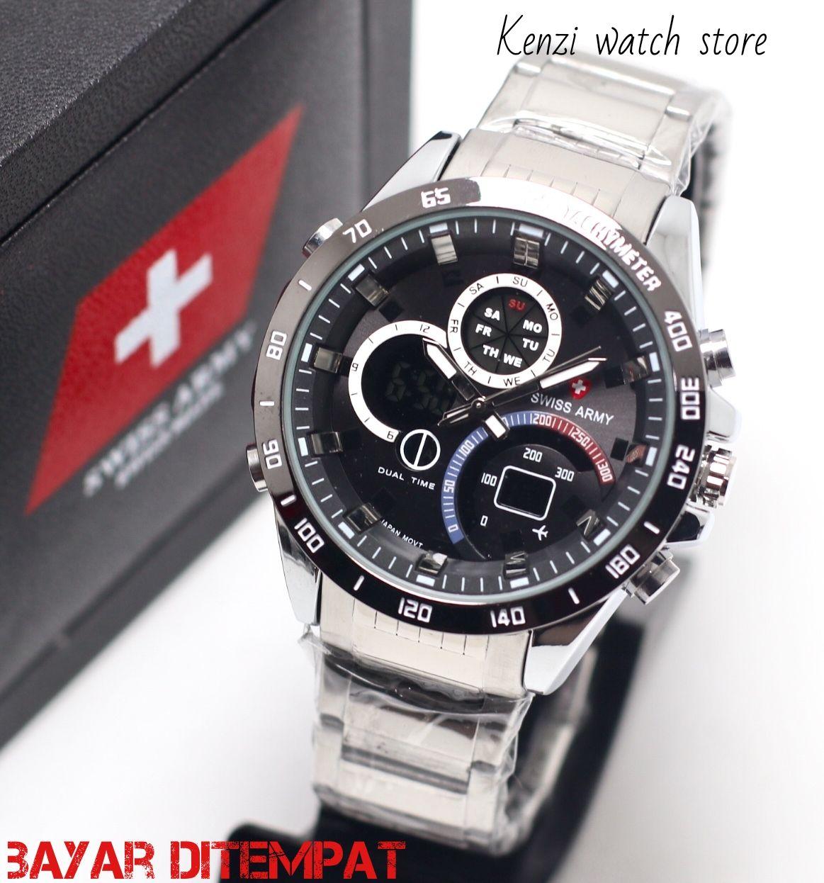 SWISS ARMY FASHION CASUAL  INDIGO MEN'S WATCHES FREE ( BOX SWISS ARMY EKSLUSIVE)  _FITUR DUALTIME SPORT FORMAL  BODY STAINLESS JAM TANGAN PRIA RANTAI TERBARU  