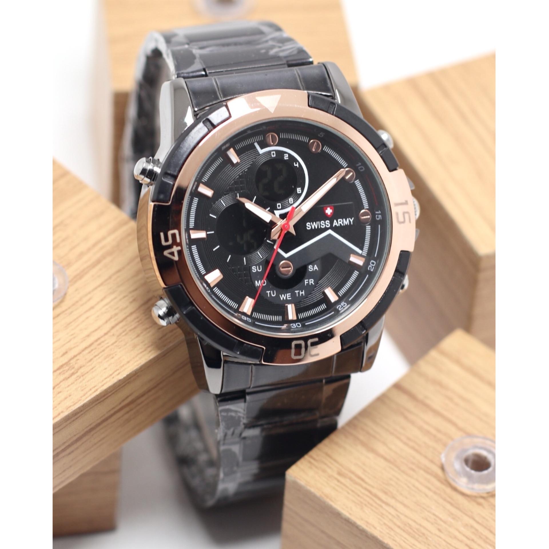 SWISS ARMY SA4327GGS DUAL TIME STAINLESS STELL LAMPU CASUAL