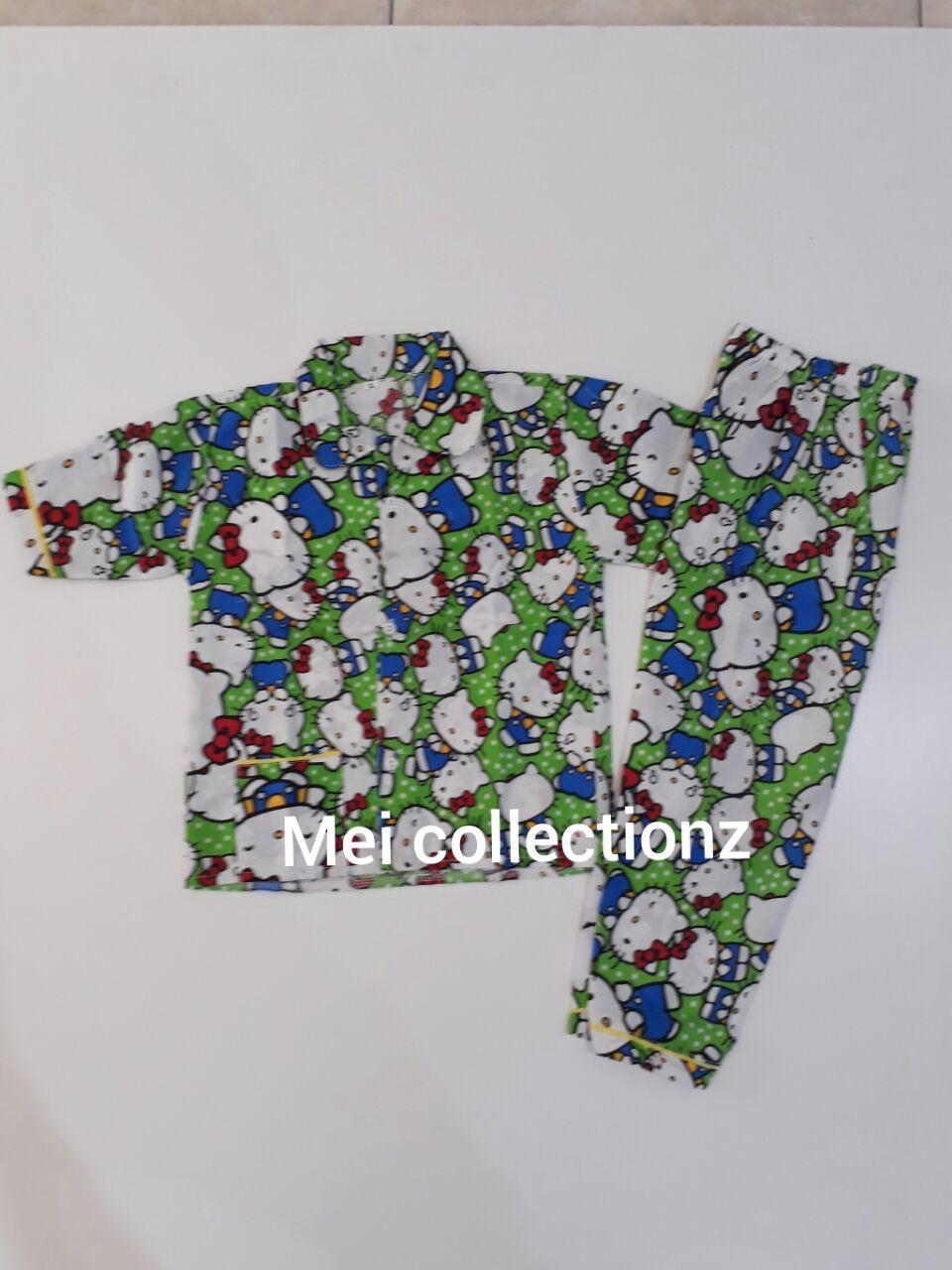 Mei Collectionz Piyama Anak Kitty Green Size XL / Piyama Anak Murah / Piyama Anak / Baju Tidur Anak / Baju Tidur / Baju Anak Murah / Katun Catra / Katun Korea / Katun CVC