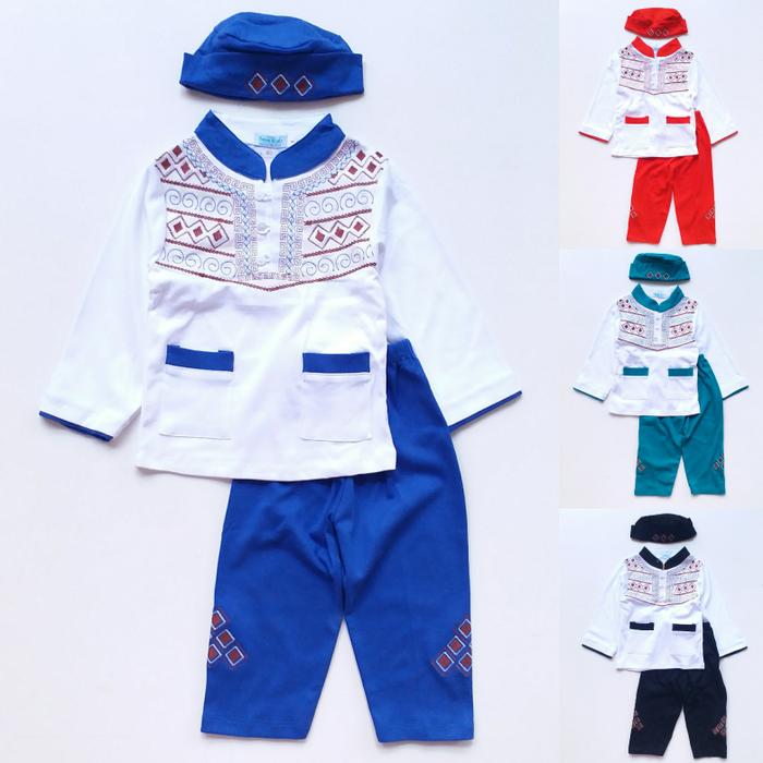 New Baju Muslim Koko Anak Laki Cowok Putih Celana Warna Bordir Wajik 1-3th