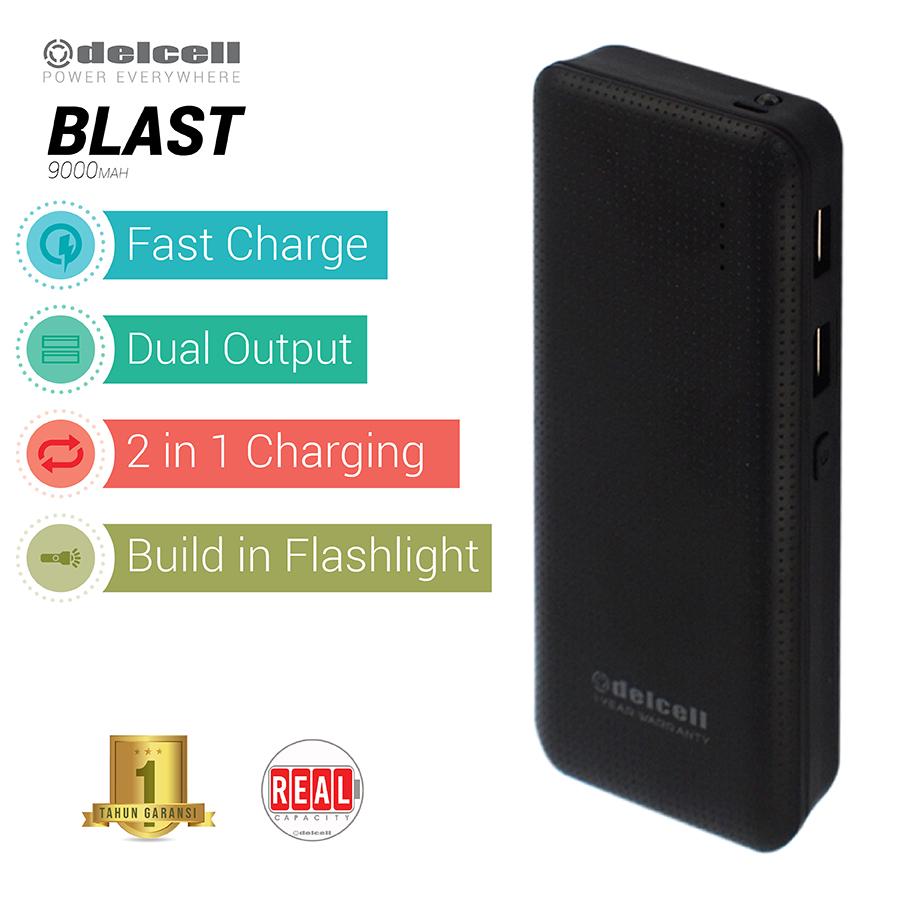 Delcell 9000mAh Powerbank BLAST Real Capacity Fast Charging Dual Output Garansi Resmi 1 Tahun Power Bank Murah Berkualitas - Black