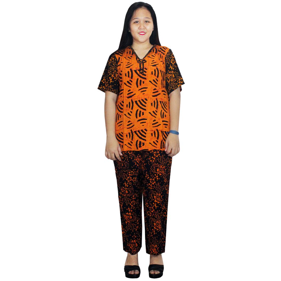 Setelan Celana Kulot Panjang Berlengan Pendek Batik Cap Halus, Baju Tidur, Piyama, Leher V (RST001-01) Batik Alhadi