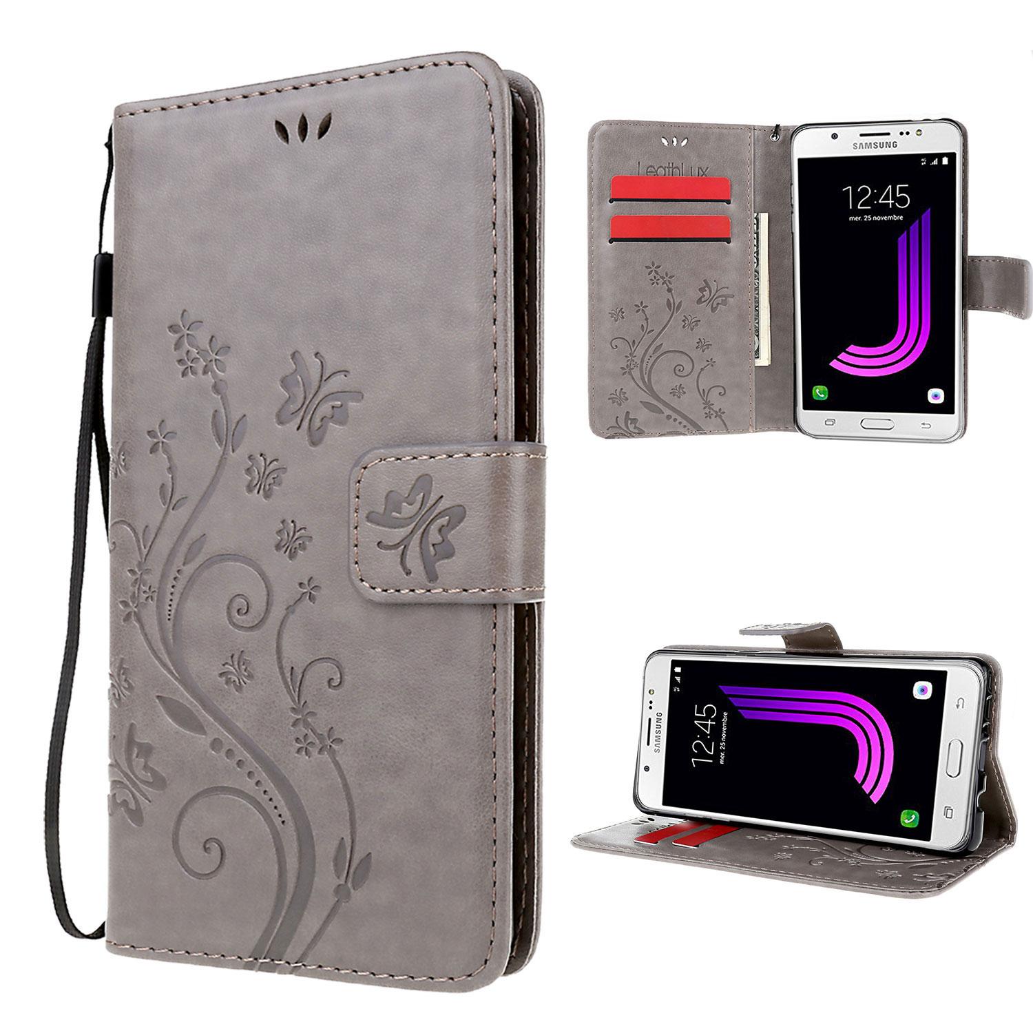 RYMALL Custodia Galaxy J7 2017 Grigio Dompet Case Retro Fiore Modello Design Con Cinturino da Polso Magnetico Snap-on Book style Internamente Silicone TPU Custodie Case in pelle Protettiva Flip Cover Per Samsung Galaxy J7 2017