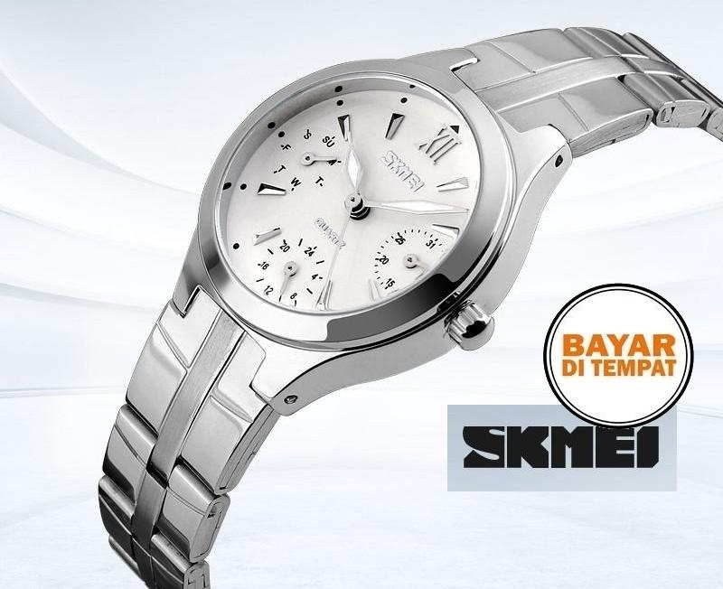 Jam Tangan Original SKMEI Wanita Perempuan Cewek Cewe Lady Women Analog Chrono Aktif Elegant Stainless Steel Strap Anti Karat anti air Waterproof 30 Meter Silver Mewah Garansi 339132