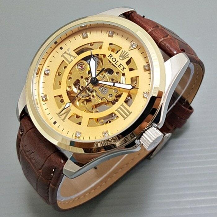 Jam Tangan Pria / Jam Tangan Cowok Rolex Kulit Automatic Skeleton / Jam Tangan Rolex / Jam Tangan Kulit / Jam Tangan Automatic