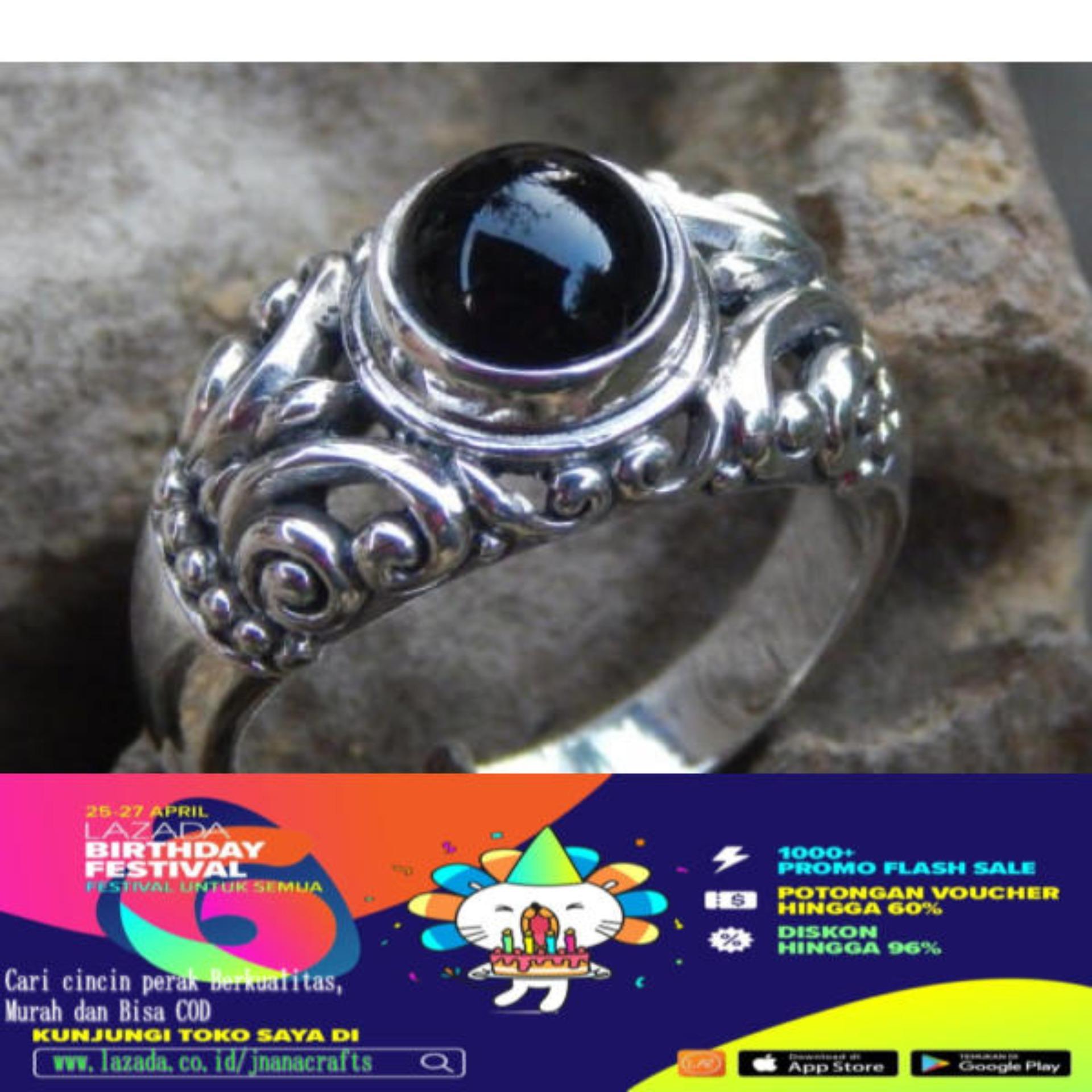 Cincin perak ukir bali batu black onyx
