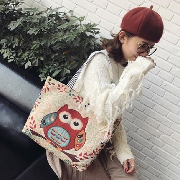 Tas Tangan Wanita Model Terbaru Burung Hantu Kanvas Tote Bag Import Murah Kuliah Cantik Lucu Unik