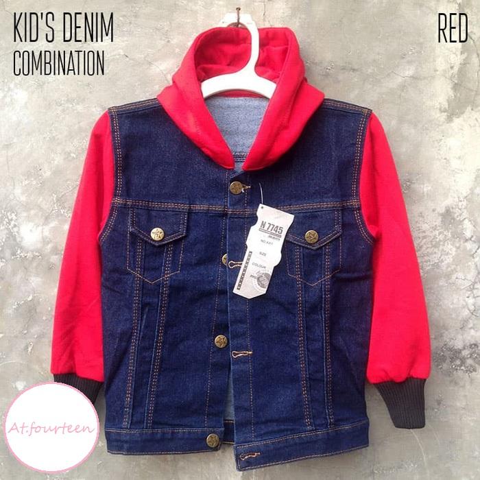 Jaket hoodie anak laki-laki denim fleece keren casual kualitas bagus navy kombinasi merah
