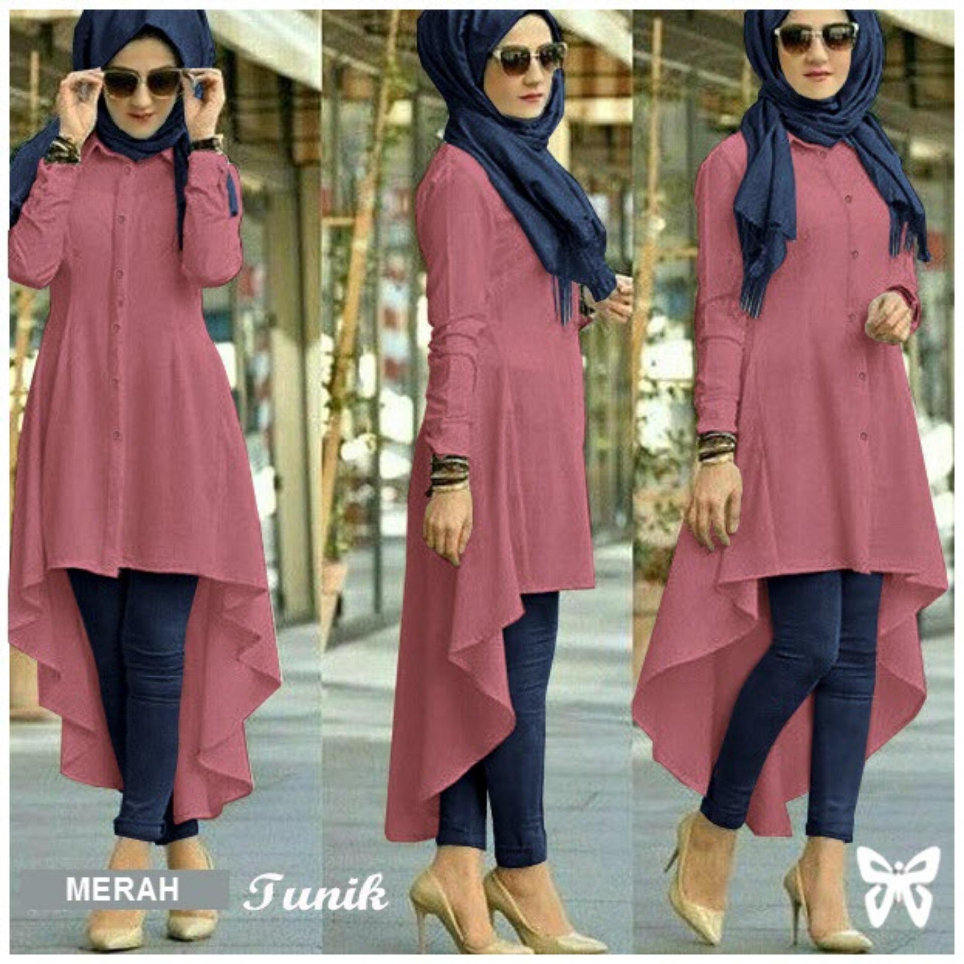 Flavia Store Kemeja Tunik Wanita Lengan Panjang FS0651 - MERAH / Atasan Muslimah / Baju Muslim / Blouse Terusan / Gamis / Srisadora