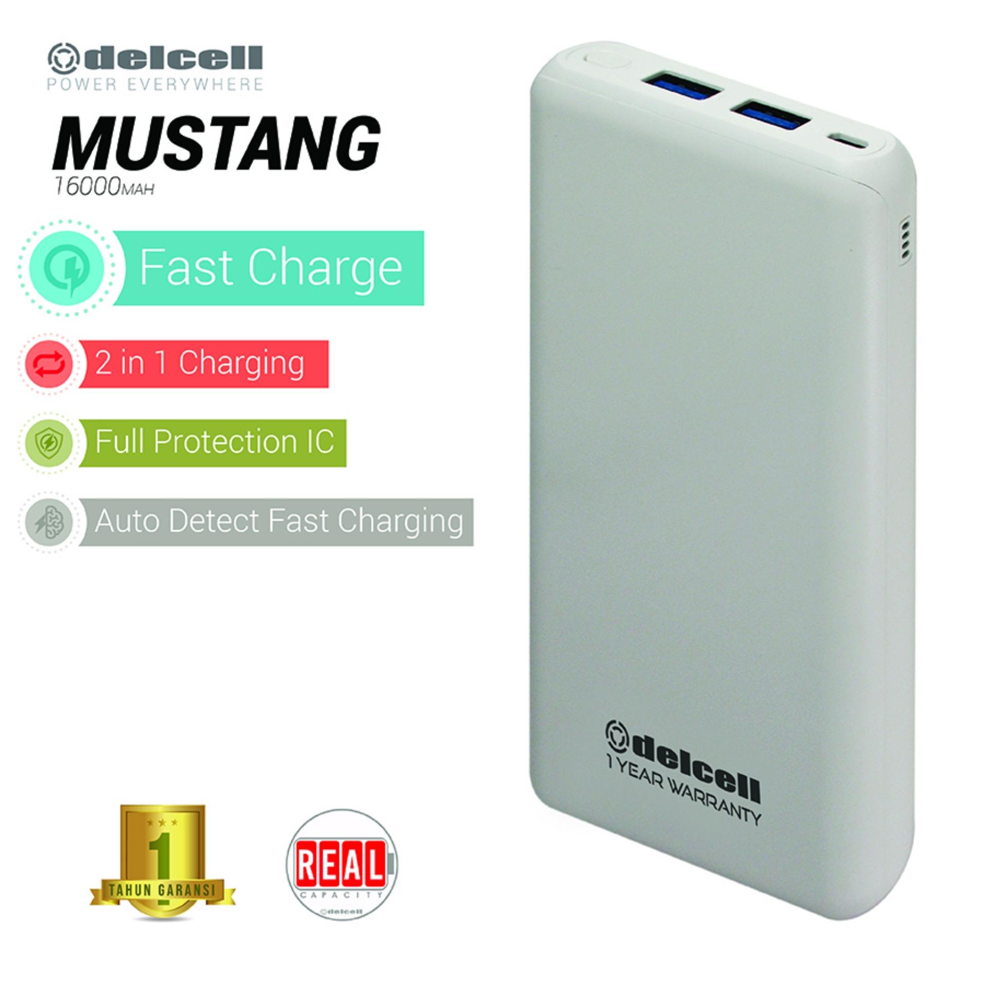 New Arrival Delcell 16000mAh Powerbank MUSTANG Real Capacity Big Capacity Fast Charging Polymer Battery Garansi Resmi 1 Tahun Dual Output Power Bank Murah Berkualitas- White