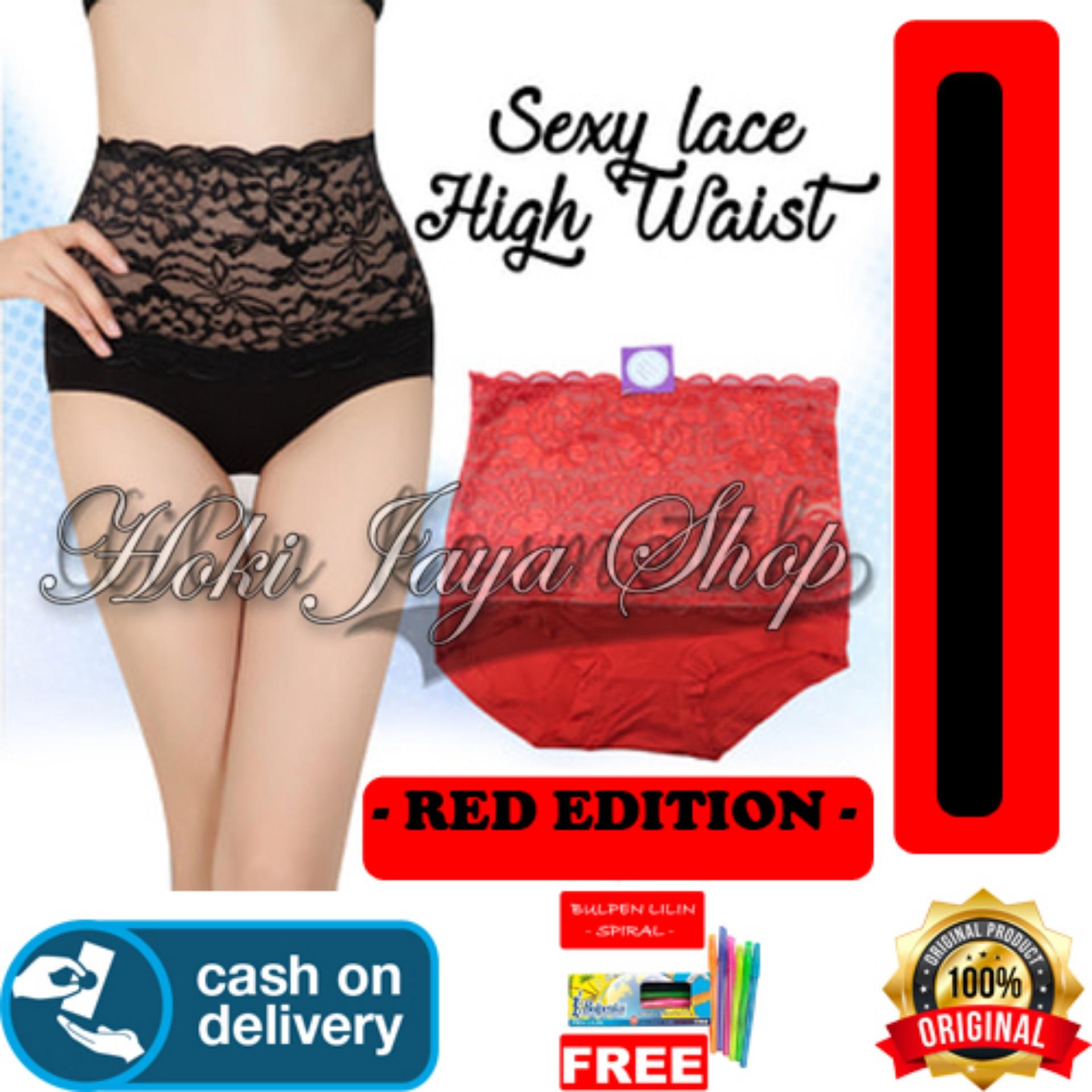 HOKI COD - Munafie SEXY LACE High Waist Panties Slim Pant Korset Original Import Pelangsing Celana Bahan Berkualitas - MERAH + Gratis Pulpen Lilin Unik Serba Guna Hitam Pekat - 1 Pcs