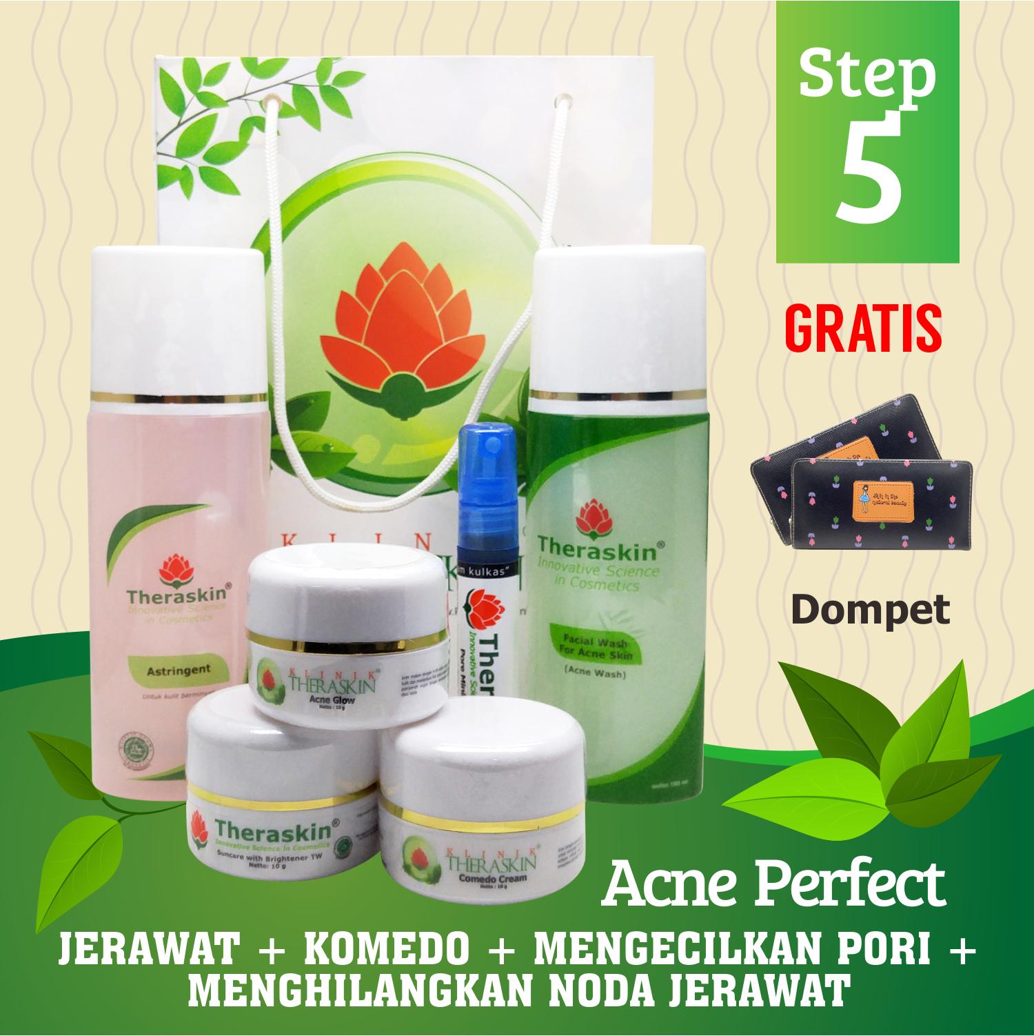 Paket Theraskin Acne Perfect Glowing Flek Step 5 / Paket Theraskin Jerawat + Komedo + Mengecilkan Pori - Pori + Gratis Dompet