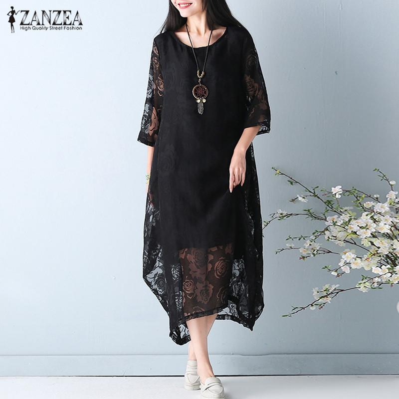 Plus Ukuran M-5XL ZANZEA Wanita O Leher 3/4 Lengan Renda Crochet Pesta Pantai Elegan Vintage Longgar Solid Midi Dress (hitam) -Intl