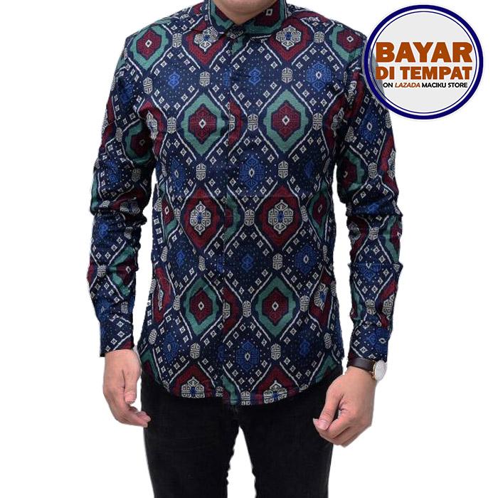 Maciku Kemeja Batik Songket Pria Lengan Panjang Slimfit Biru Dongker / Baju batik atasan pria Long Navy / kemeja batik kantor Best Seller