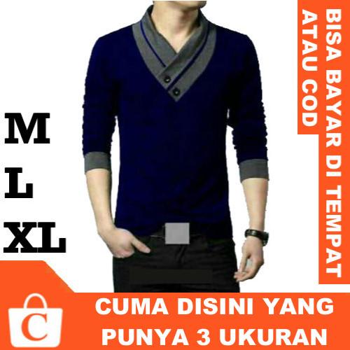 CORATCORETUDIO - Kaos Pria Cowok Laki Laki Lengan Panjang Polos Dada Leher V BIRU ABU / 3 Ukuran M L XL / Kecil Kurus Besar Gemuk Gendut Jumbo / Kaos Biru Pria Lengan Panjang / Kaos Biru Cowok Lengan Panjang / Kaos Biru Laki Laki Lengan Panjang