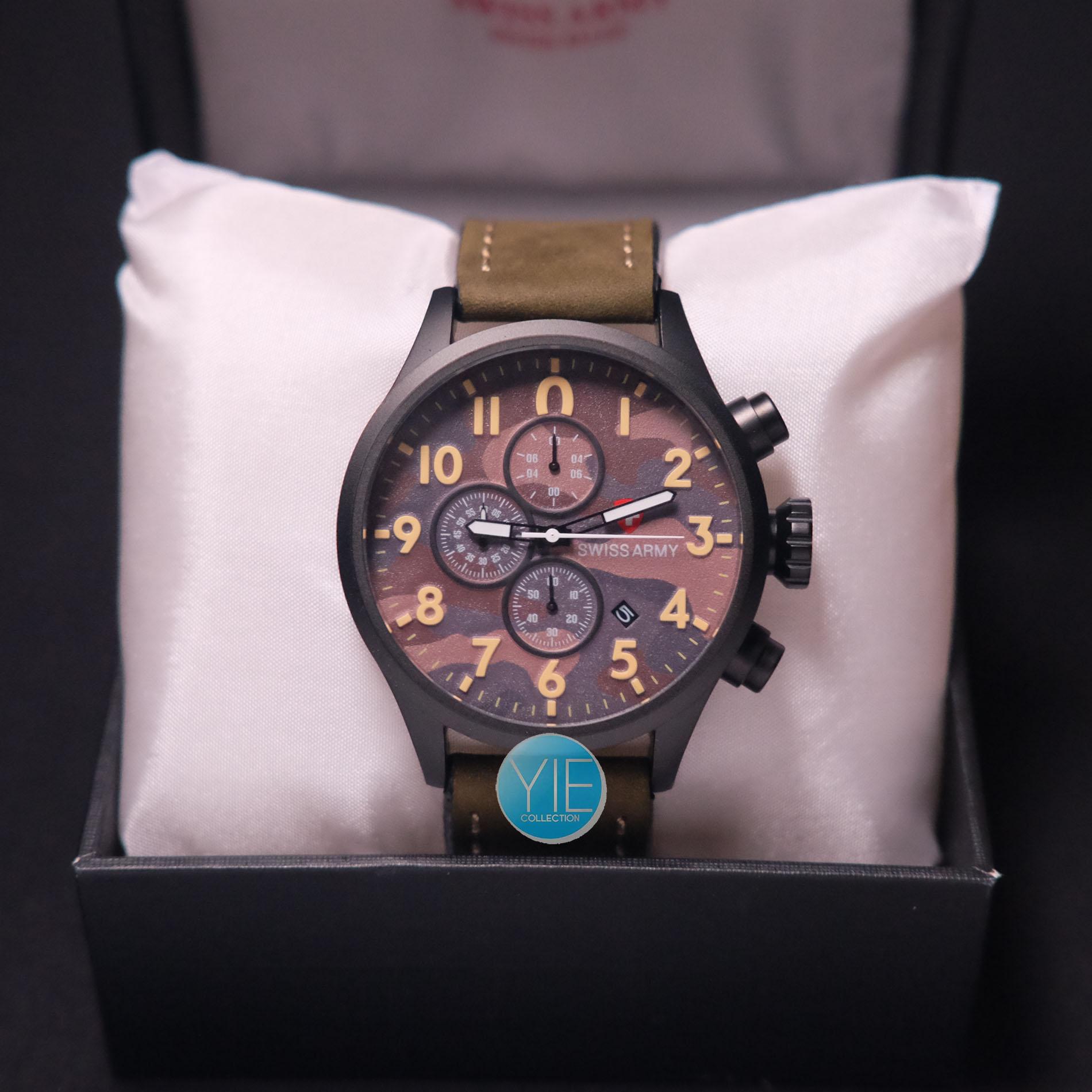 Swiss Army Jam Tangan Pria Strap Kulit Chrono Aktif Spec dan JPG Swiss Army Chrono Kulit Hijau Army Plat Coklat Tua 3 JPG Jam tangan