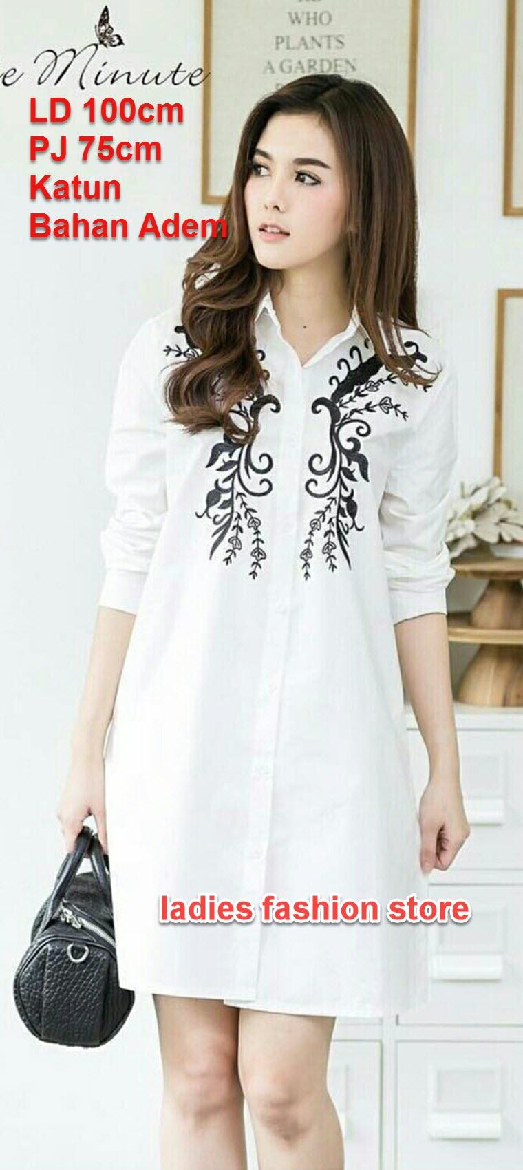 Kemeja Tunik Wanita Kerah / Baju Lebaran / Tunik Wanita / Atasan Wanita / Blouse Cewek / Pakaian Wanita Terndi / Dress Wanita Pendek / Midi Dress / New Long Hem / korean Dress / Baju Tunik Import / Baju Muslim Tunik / nr owerfl blackwhit - put - PUTIH