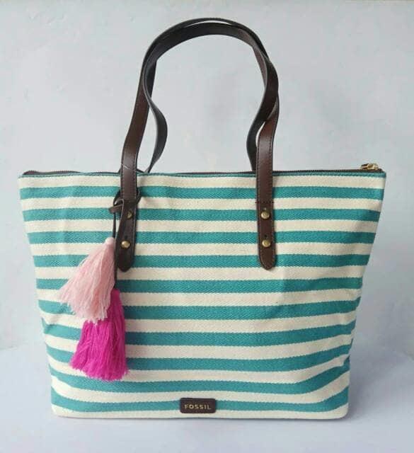 Jual tas Fossil Jenna Tote Green Stripe - uwr5w2
