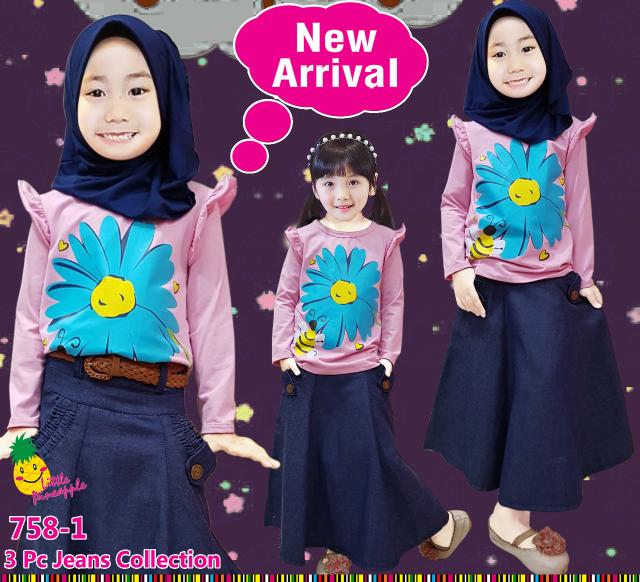 Baju Muslim Anak Perempuan Little Pineapple Pink Muda Bunga Rok Denim