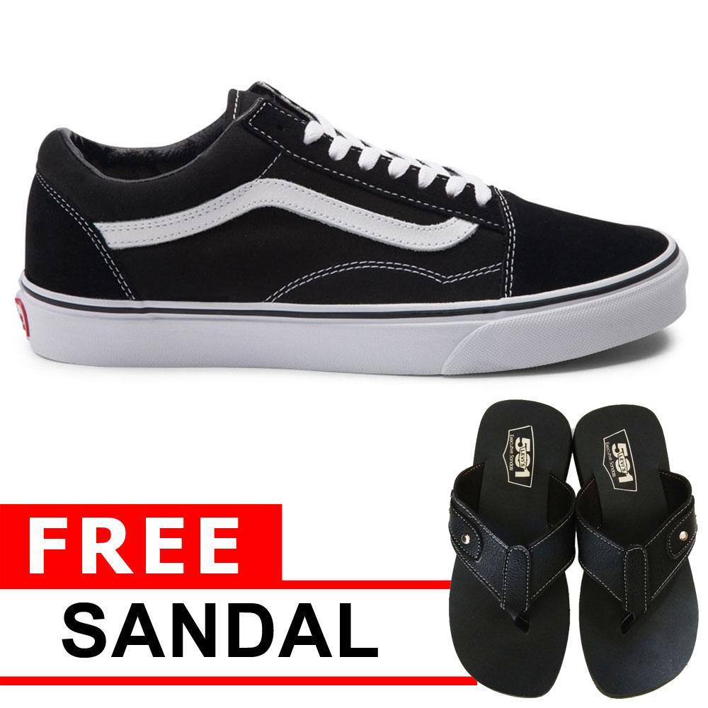 Just Cloth PROMO ! Sepatu Pria Wanita Sneakers Casual Vans Old Skool Unisex Model Pendek + Free Sendal Rocky