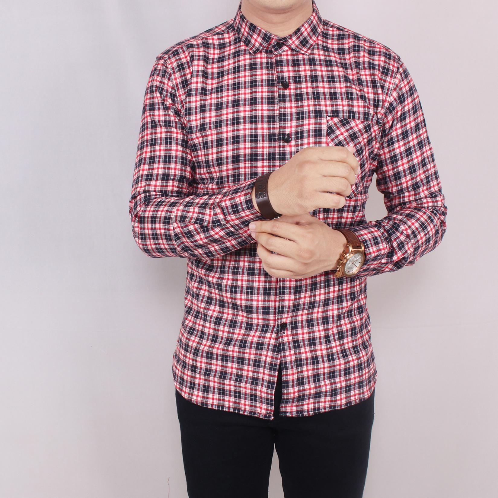 Zoeystore 5672 Kemeja Flanel Exclusive Pria Lengan Panjang Baju Kemeja Flannel Cowok Kerja Kantoran Merah Kotak Hitam