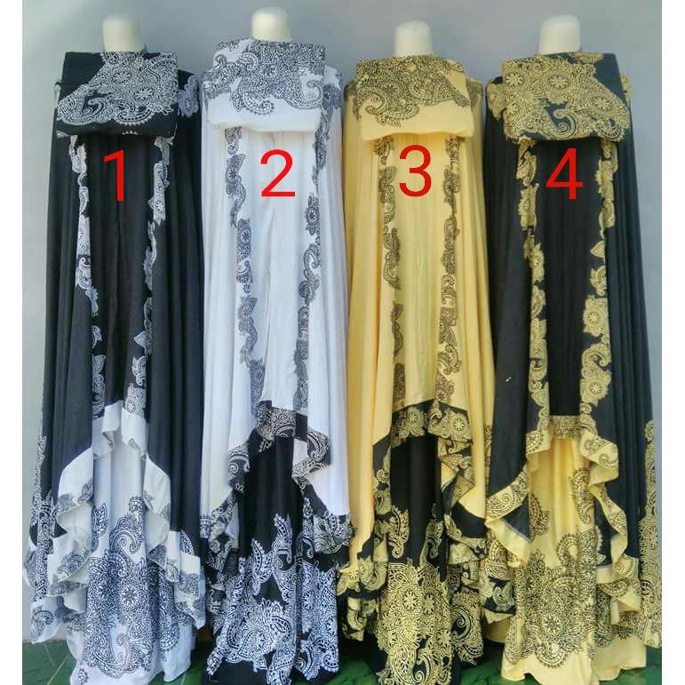 Mukenah Setelan Katun Bali Batik Putih Traveling Jumbo Dewasa Murah/Mukena Batik Bunga/Haji Umroh hitam-putih