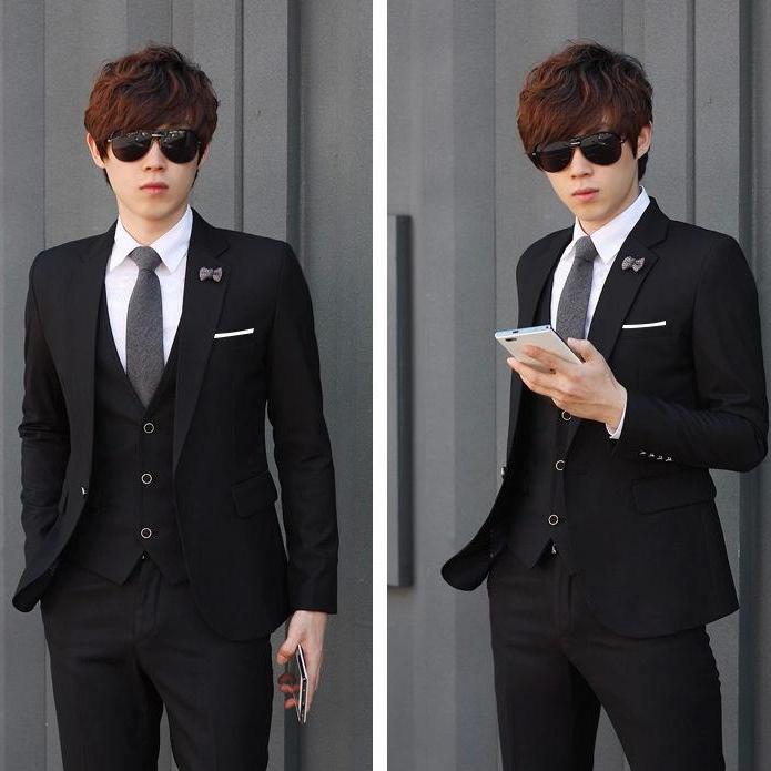 Setelan Jas Pria Formal Youth Design - Jas Formal Pria - Jas Pria Modern Korean Style - Jas Wisuda Berkelas ( Jas + Vest + Celana ) - Black