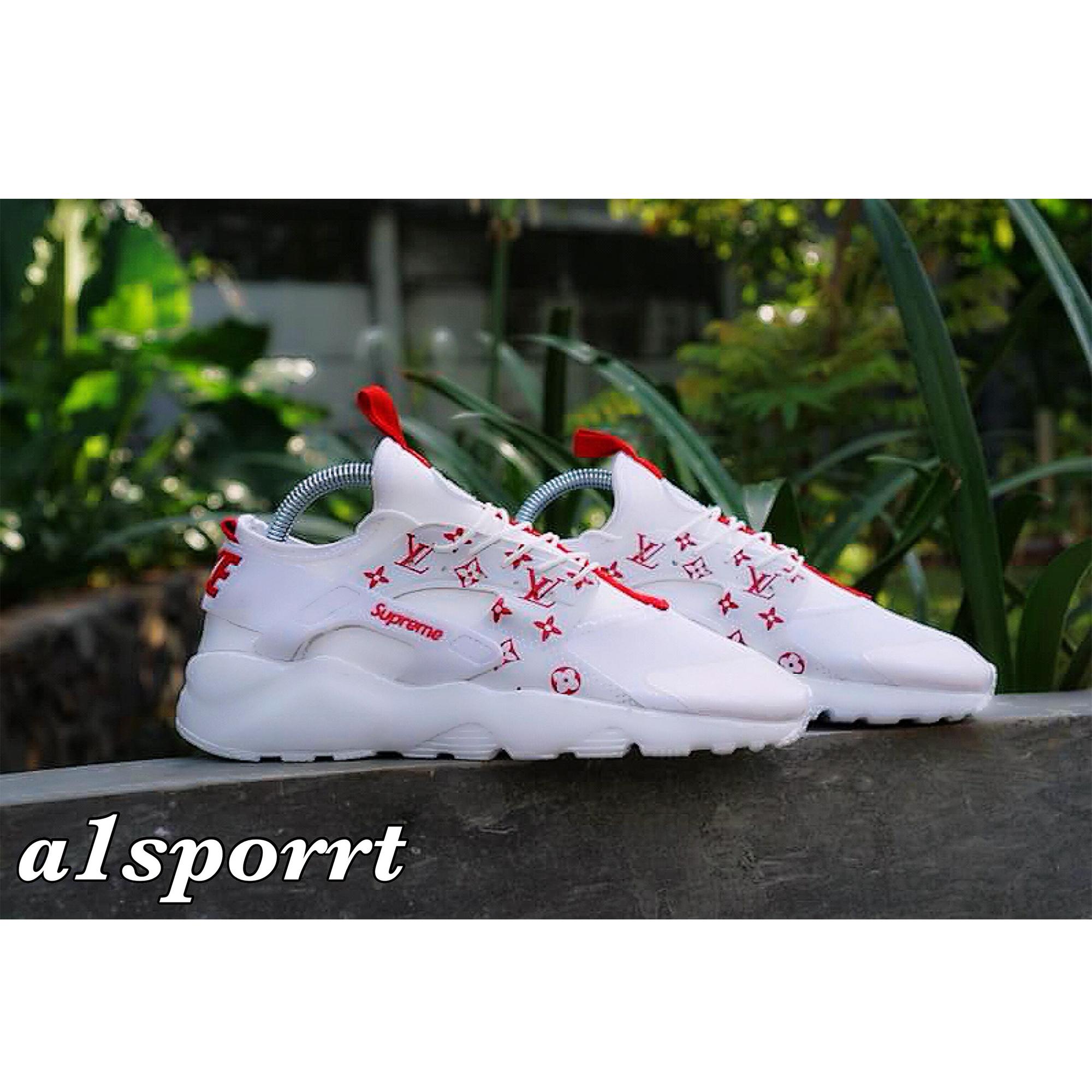 Nike Huarache Supreme Lv Kualitas Premium Putih Merah Motif