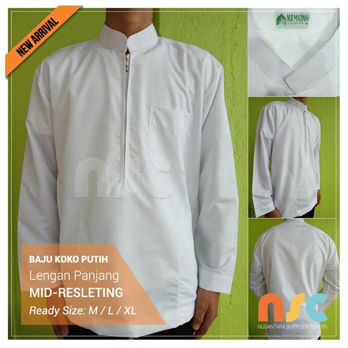 New! Baju Koko Resleting Pria Muslim Putih Polos Dewasa Lengan Panjang - Putih, M