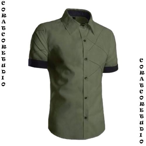 CORATCORETUDIO - Kemeja Pria Hem Cowok Lengan Pendek Polos HIJAU X HITAM /