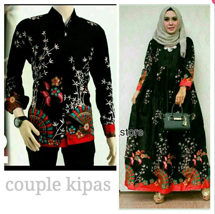 Baju Batik Couple Kemeja Lengan Panjang Dan Gamis Kipas Hitam Setelan Batik