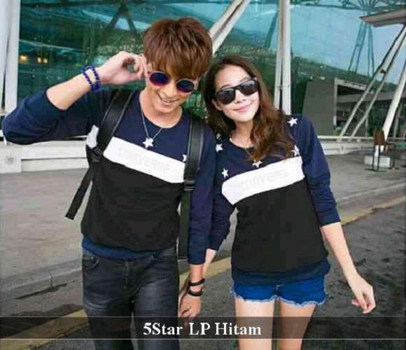 LenganPanjang Baju Lengan Panjang Couple Keren Kaos Cowok Cewek Simple 5Star Hitam