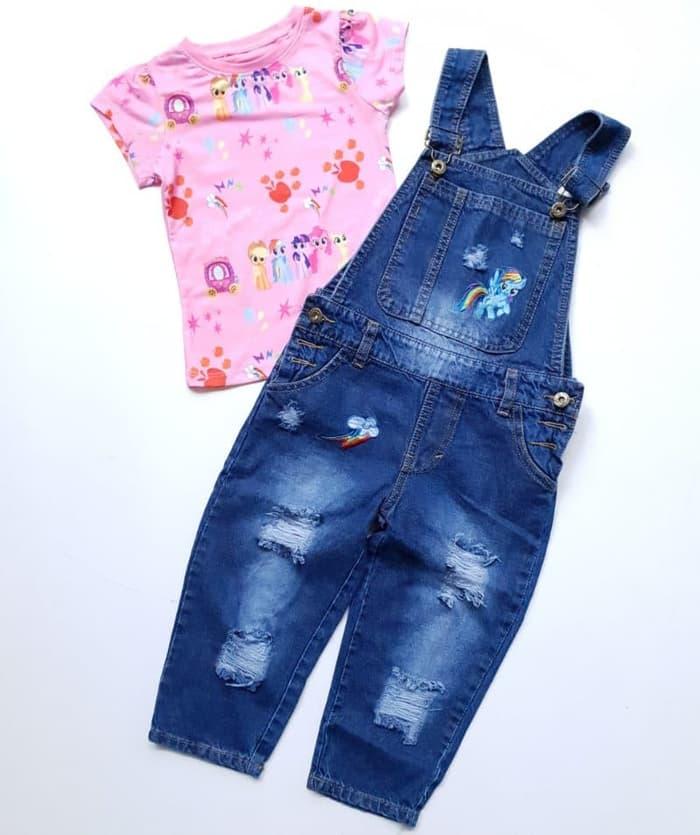 New Baju Setelan Anak Perempuan HM44 Kaos little Pony Celana Jeans Overall