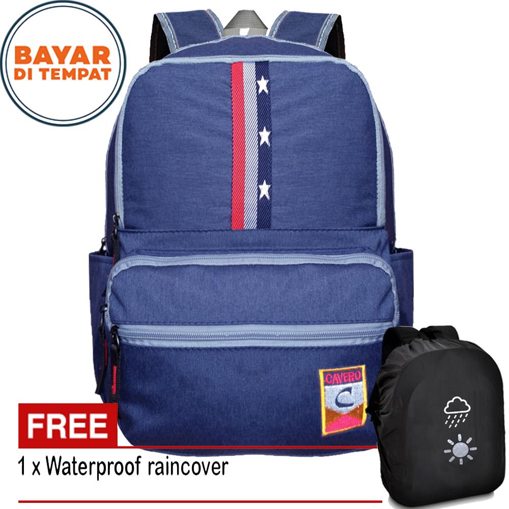 Cavero CM008-15 Tas Wanita Tas Ransel Wanita Tas Korea Tas Ransel Korea Tas Wanita Korea Tas Wanita Ransel Korea Tas Sekolah Tas Laptop Tas Punggung Tas Kuliah Tas Kerja Material Kanvas Desain Korea - Blue + Raincover