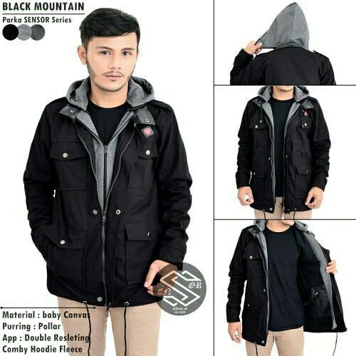 Jaket Parka Hoodie Gunung Canvas & Leather merk SENSOR ( Hitam )