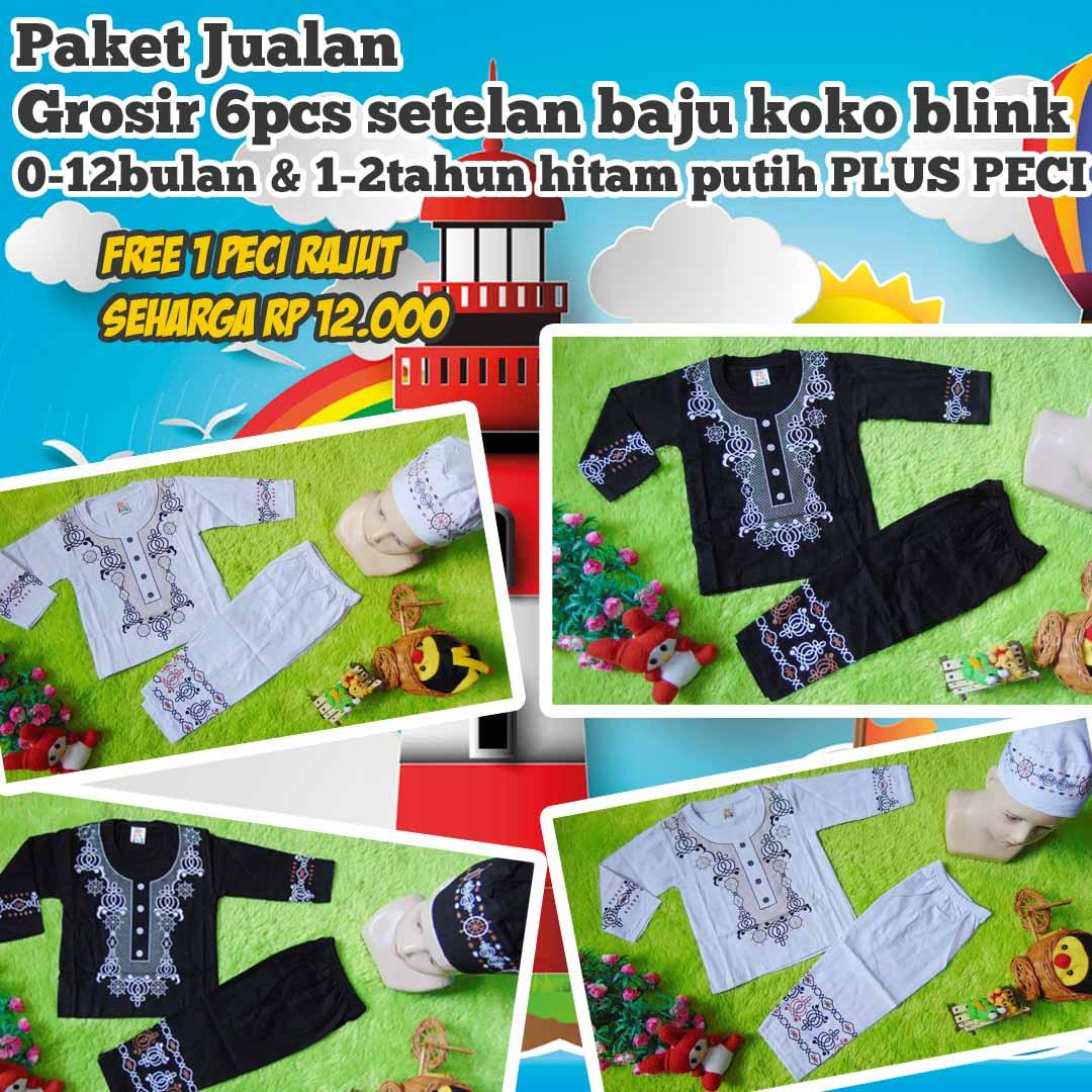 kembarshop - BONUS PECI RAJUT paket jualan grosir 6 setelan baju muslim koko anak bayi baby cowok laki-laki 0-12bulan& 1-2tahun sablon blink-blink plus peci