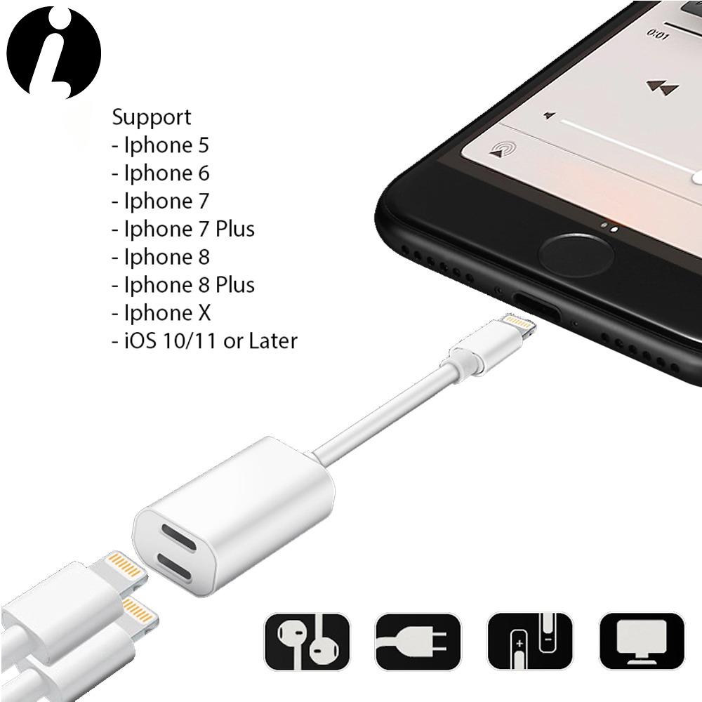 Kabel Converter Double Lightning to Lightning Audio Adapter For iPhone 7 / 8 / X / 7 plus / 8 Plus Splitter Earphone 2 in 1 Jack Aux Cable Converter - White