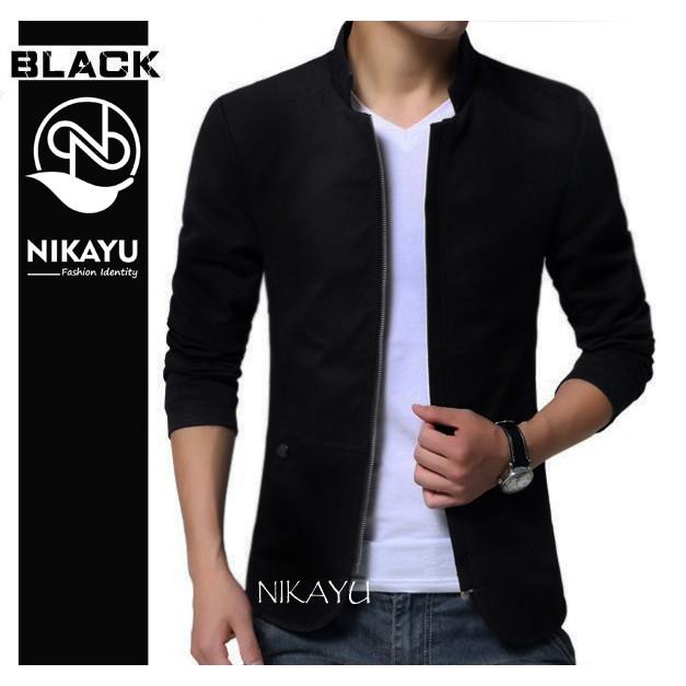 Blazer Zipper - Baju Pakaian Semi Jaket Pria Resleting Hitam Korea - 3Rntor