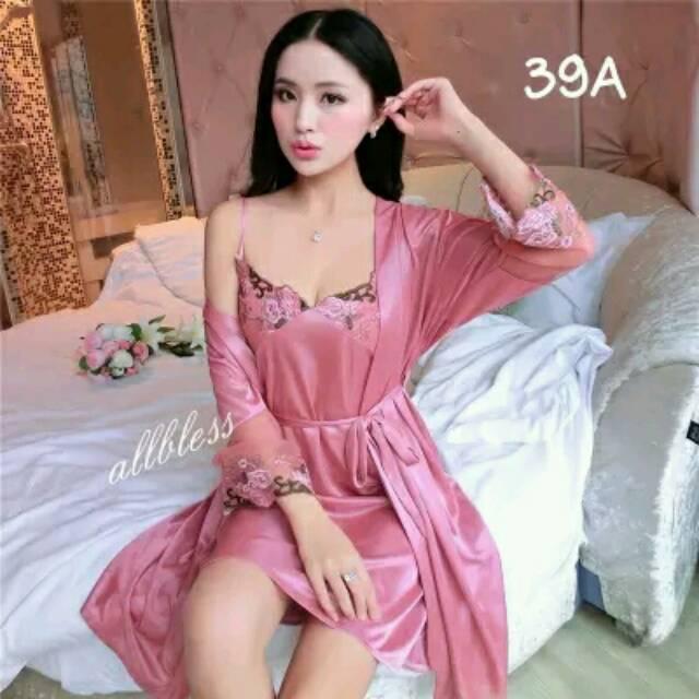 Baju Tidur Kimono Set 3 In 1 Gaun DRESS Lingerie Cardigan Set Daster SESERAHAN Satin 39