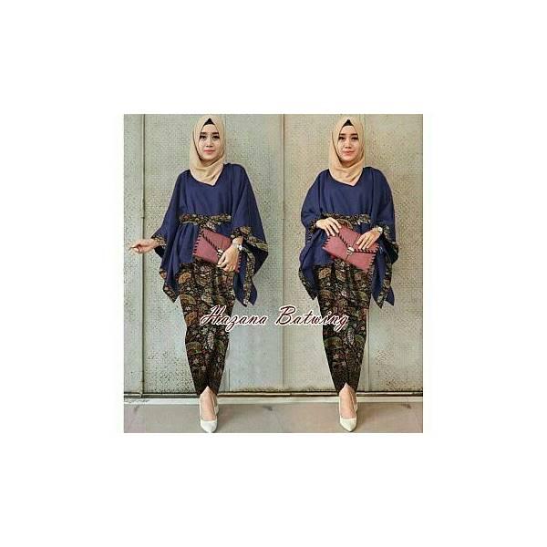 Gamis Syari Baju Setelan Kebaya Rok Batik Cantik Hazana Sakura Set Navy Termurah