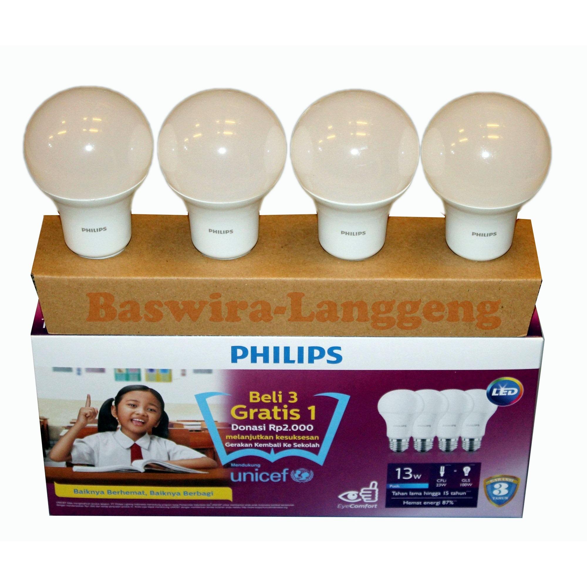 PHILIPS Lampu Led Bulb 13 Watt UNICEF Paket Beli 3 Gratis 1 Putih