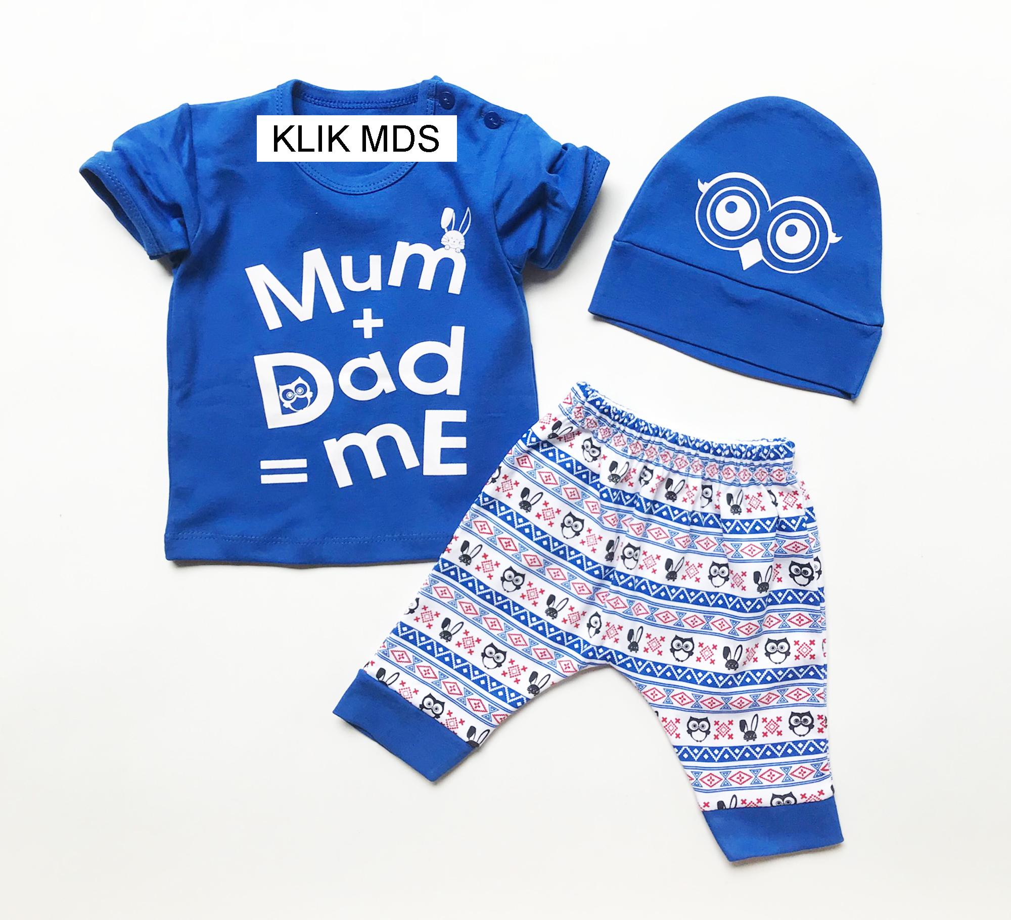Klik Mds Baju Anak Lelaki Setelan Atasan dan Celana Motif Karakter Mum and Daddy is Me Free Topi
