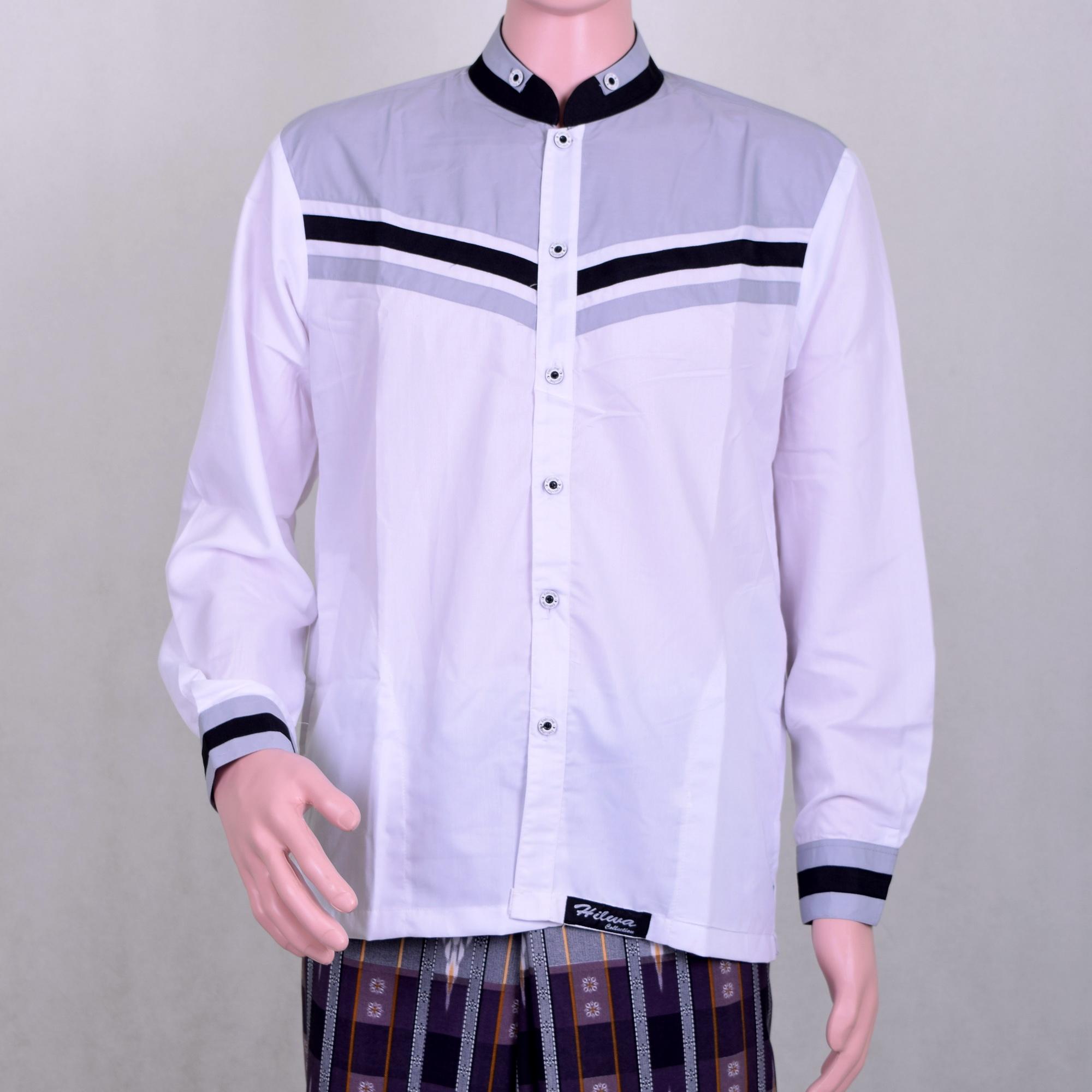 Baju Koko Pria Putih Motif Kombinasi Abu Abu Muda Hitam Berkualitas Keren dan Berwibawa