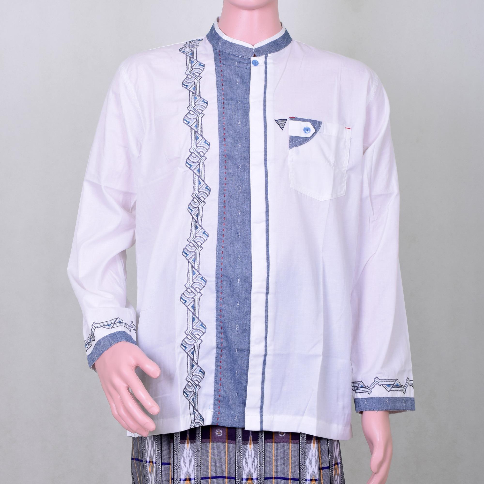 Baju Koko Pria Putih Tulang Kombinasi Biru Abu Abu Bordir Berkualitas Keren dan Berwibawa 5