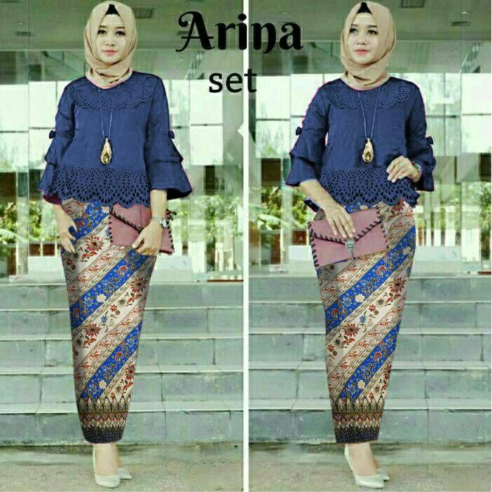 Gamis Syari Baju Setelan Kebaya Motif Batik Wanita Modern Arina Laser Set Navy