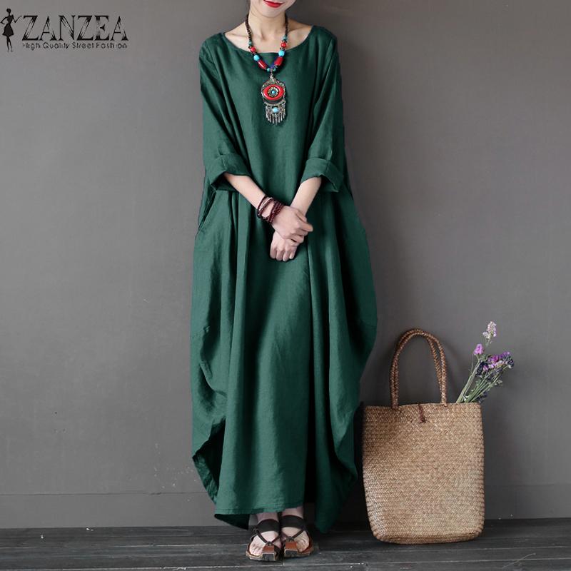 ZANZEA Wanita Crewneck 3/4 Batwing Lengan Baggy Maxi Panjang Baju Kemeja Kasual Partai Kaftan Solid Jubah Vestido Plus Ukuran (hijau) -Intl