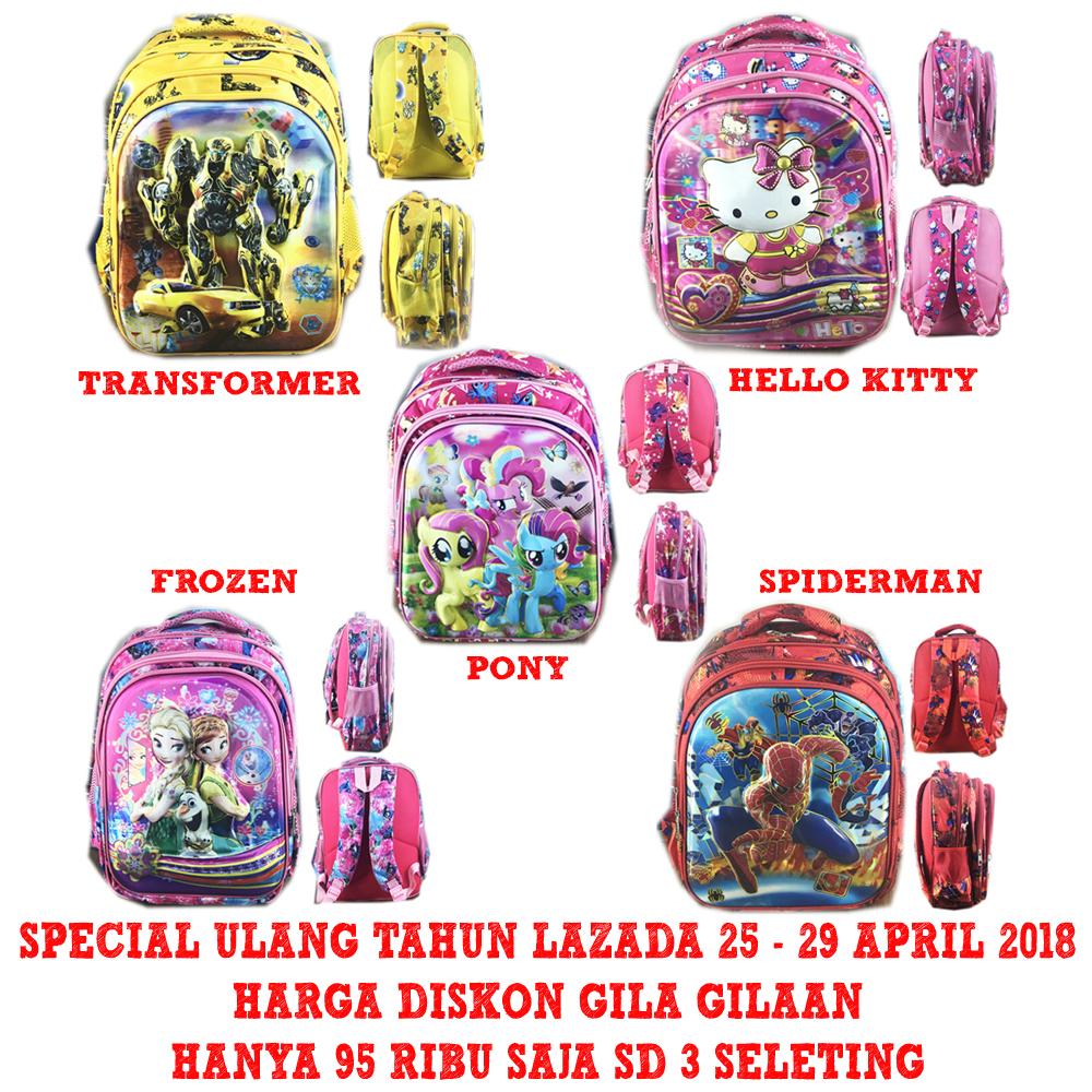 Special Ulang Tahun Lazada 25 - 29 April Tas Ransel Sekolah Anak SD 3 Seleting IMPORT Motif Pony Transformer Spiderman Frozen Hello Kitty ( Pilihan Varian Tersedia )